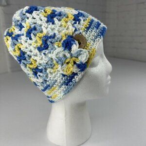 Created By Cyd Handmade Crochet Beanie Blue Floral Accent Boho Skull Cap Hat NEW